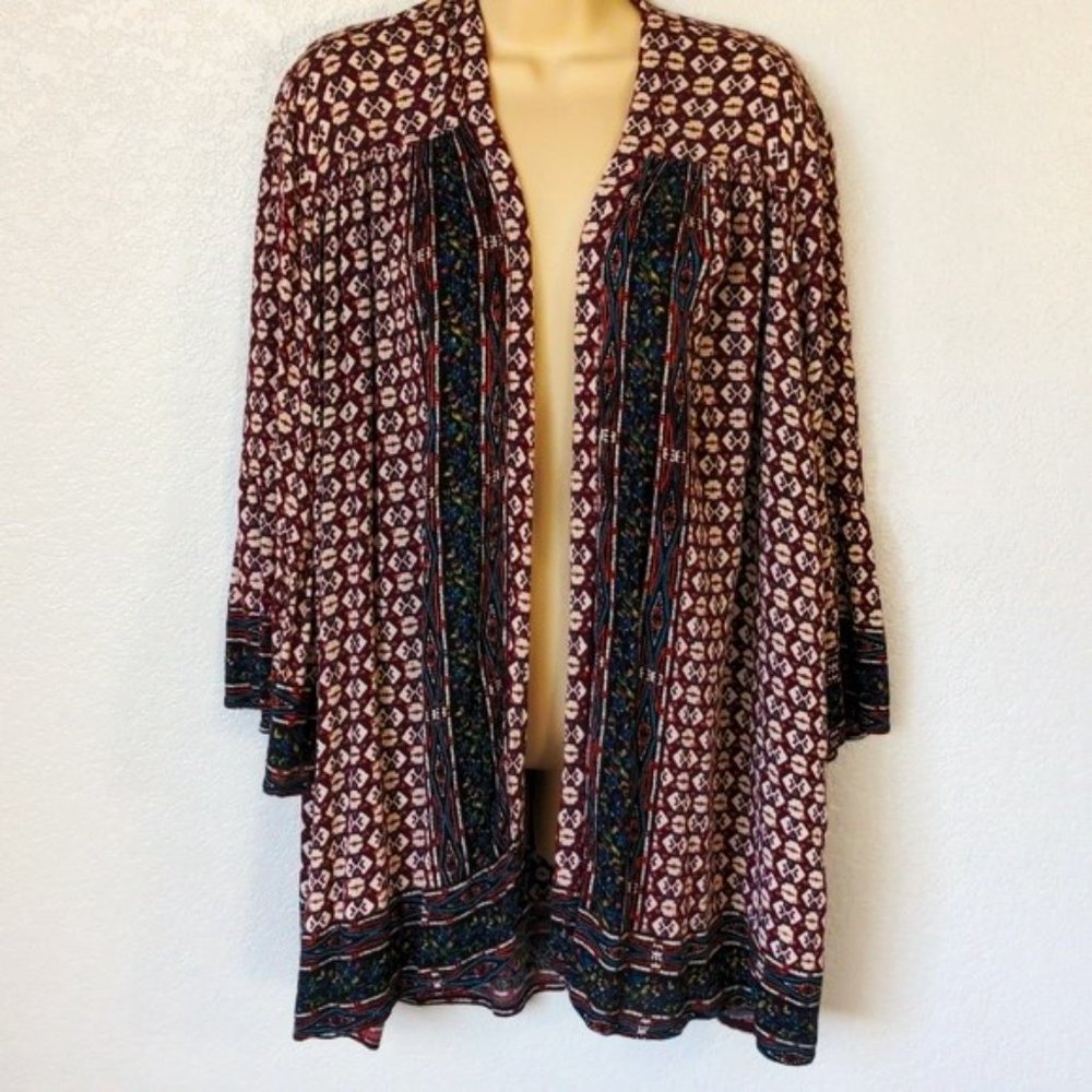 Angie Small Bohemian Kimono Bell Sleeves Tribal Aztec Geometric Print Open Front